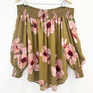 Adrienne Olive Green Pink Off The Shoulder Smocked Floral Puff Sleeve Blouse Top